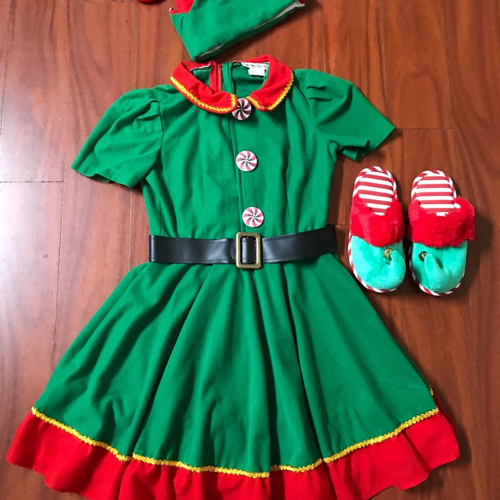 Women Holiday Dress and Hat/ Slipper Elf Costume Bundles/ Size XS. Pre-old